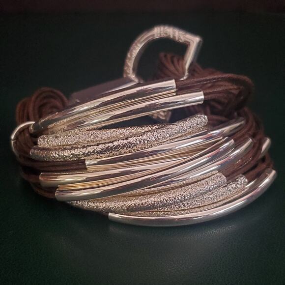 Saachi Multi-strand Statement Bracelet Dark Brown Cords with Silver Tone Bars - Picture 9 of 10